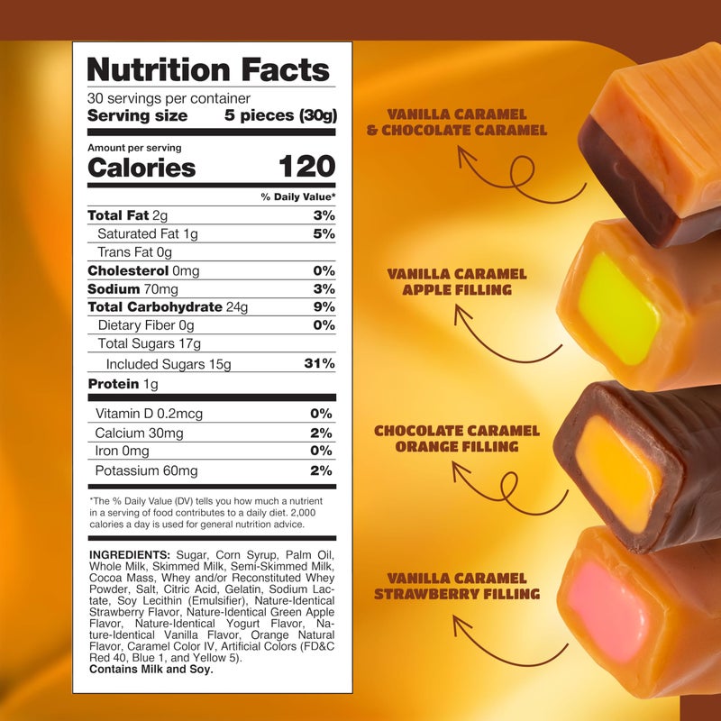 CRAZYOUTLET Caramel Cubes Candy Mix - 2 Pound Pack 150 Count - Filled Creamy Caramels Individually Wrapped - Vanilla, Chocolate, Apple, Strawberry - Assorted Chews - Image 2